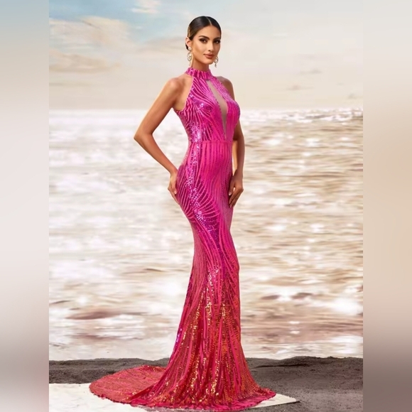 Pink Sequin Backless Halter Gown - Picture 3 of 12